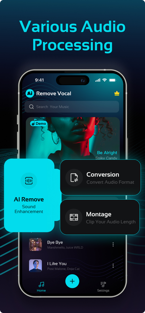 AI Isolate Vocals: Song Splits - Smartphone screen showing audio processing features like AI vocal removal and format conversion