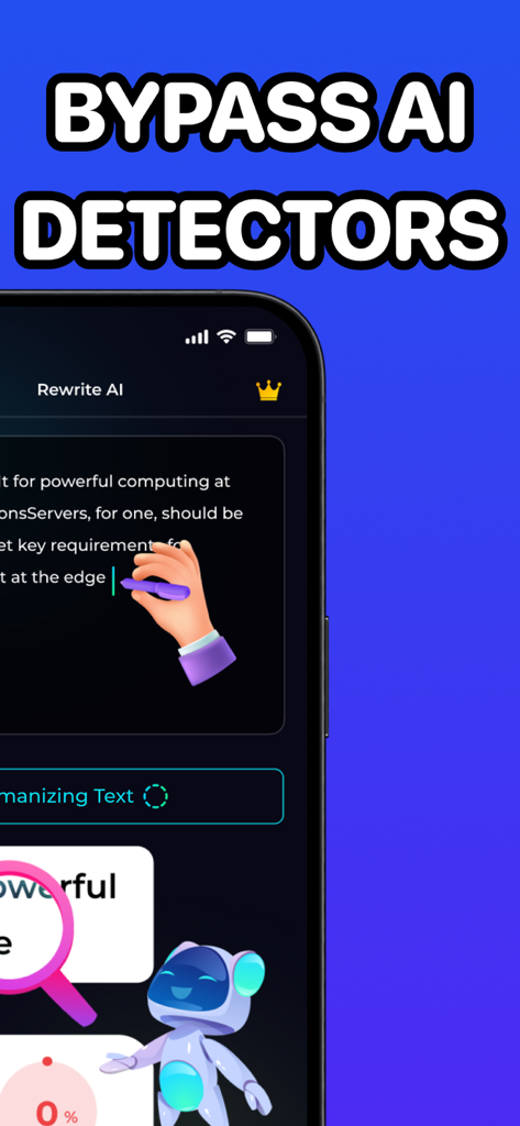 BypassAI - AI Detector Check - Interface de l'application BypassAI montrant la fonction Réécrire IA pour humaniser le texte et contourner les détecteurs.