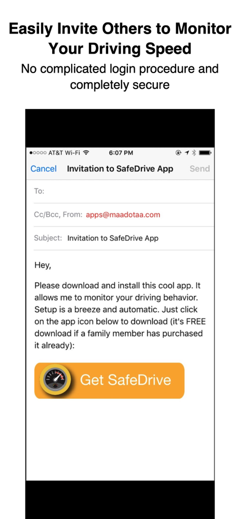 SafeDrive-App-Einladungsbildschirm zum Teilen der Geschwindigkeitsüberwachung mit einem Elternteil oder Beobachter
