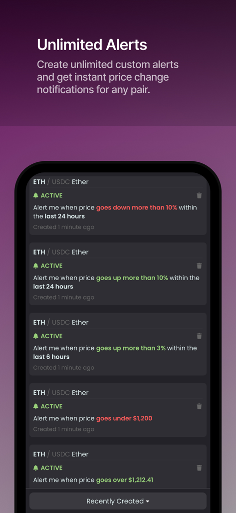 DEX Screener - Alert di prezzo personalizzabili per criptovalute nell'interfaccia dell'app mobile DEX Screener