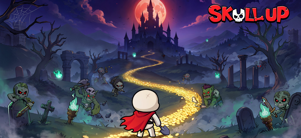 A small skeleton hero in a red cape walking along a golden path toward a spooky castle under a blood moon