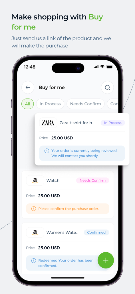 ONEX - Online Express - Mobile app interface for the ONEX Buy for me service showing order statuses for international shopping.