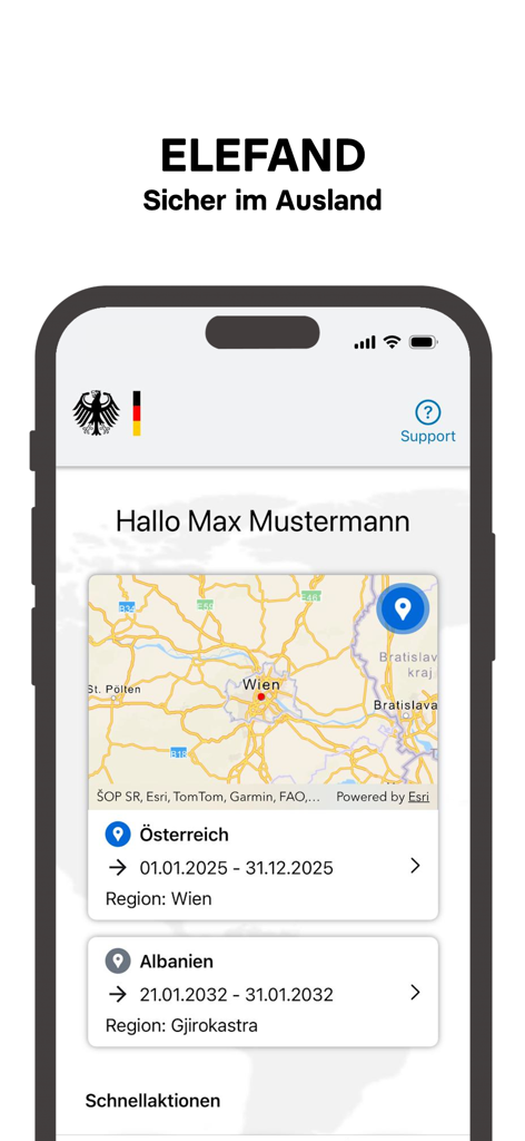 Dashboard der Elefand-App mit Reiseanmeldungen und Standorten deutscher Staatsbürger im Ausland.