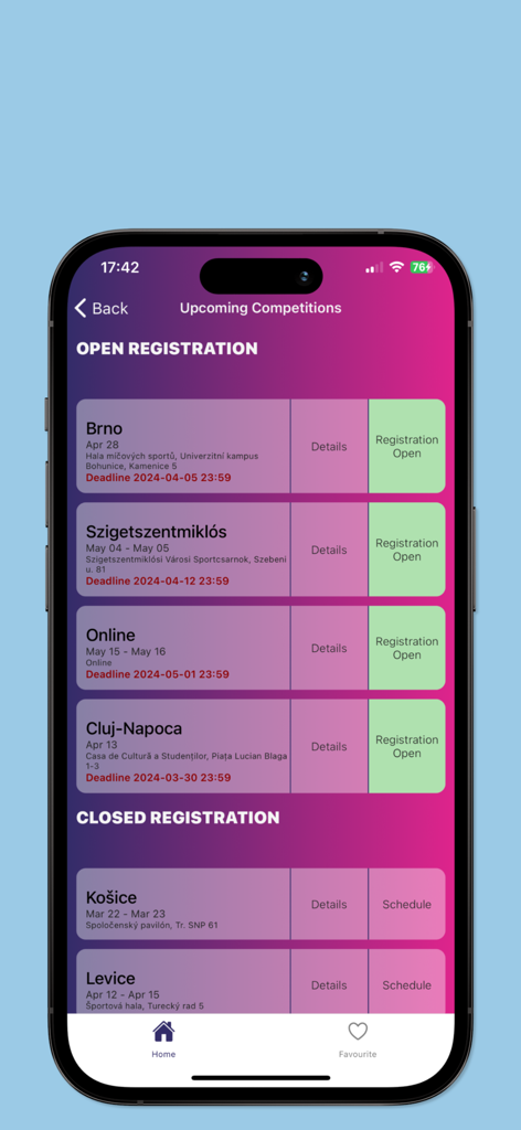 Showtime Dance app screen showing a list of upcoming dance competitions with registration status