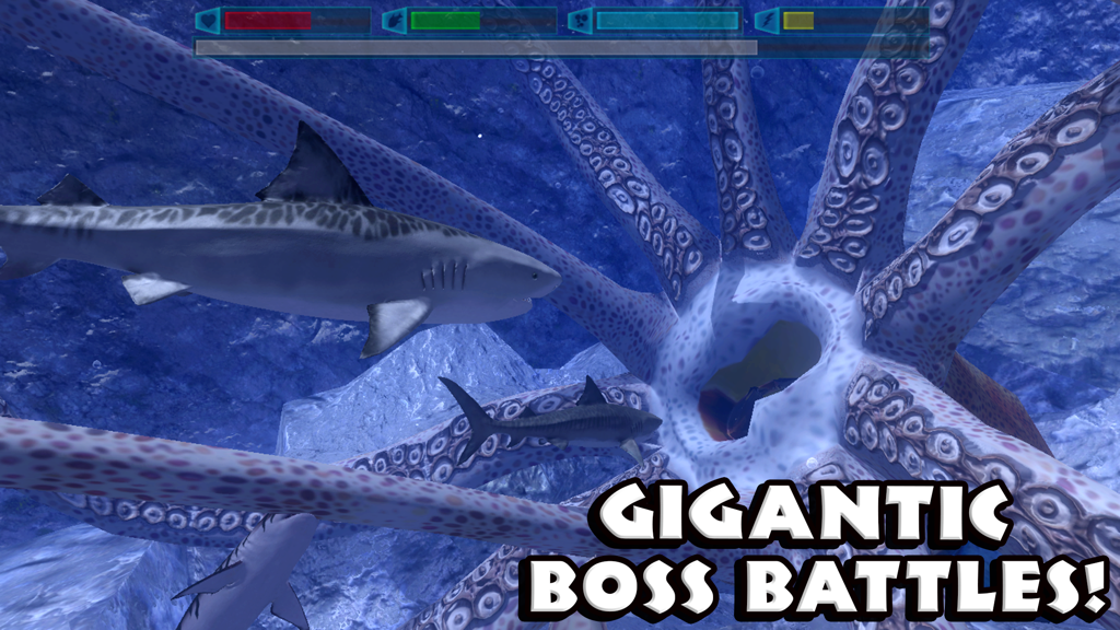 A shark engaging in a boss battle against a giant octopus under the sea