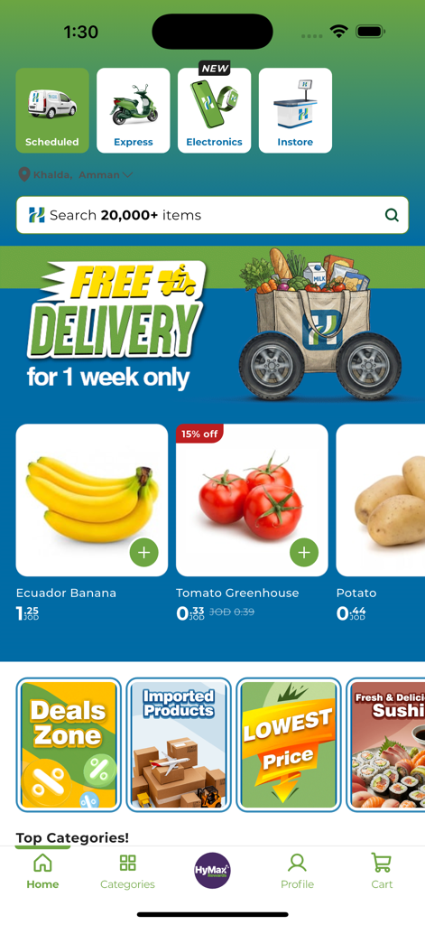 HyperMax - HyperMax mobile app home screen showing grocery items and delivery options