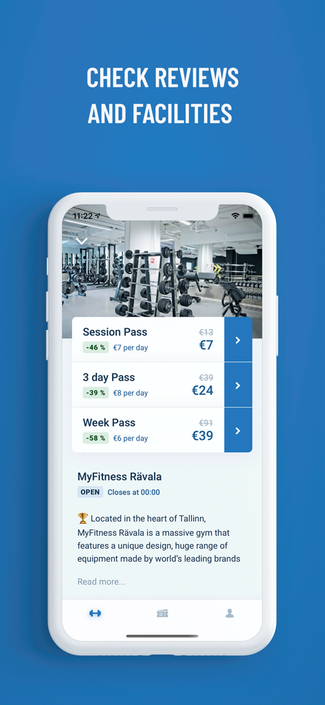 TrainAway: Find Gyms Worldwide - Smartphone screen showing TrainAway app with gym pass prices and facility details