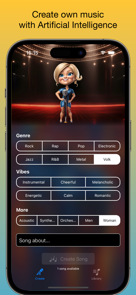 Interfaz de la aplicación djAI que muestra opciones de generación de música, incluyendo ambiente de género y selecciones de voz