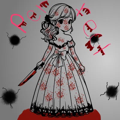 realistic girl holding a knife behind her back in a buetiful dress