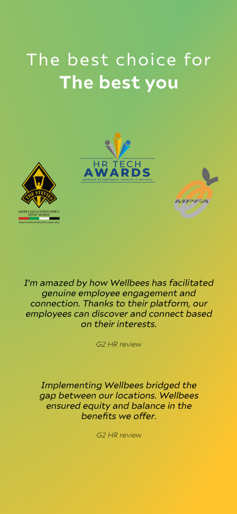 Wellbees app showcase featuring HR Tech and Stevie awards alongside employee engagement testimonials