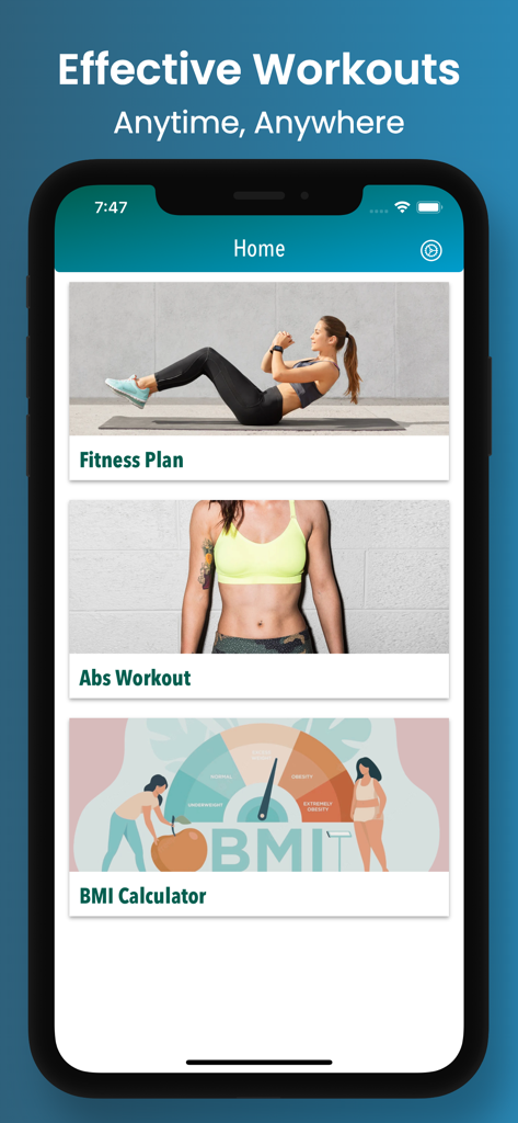 Abs Workout - Lose Belly - Abs Workout mobile app home screen showing options for fitness plans and a BMI calculator
