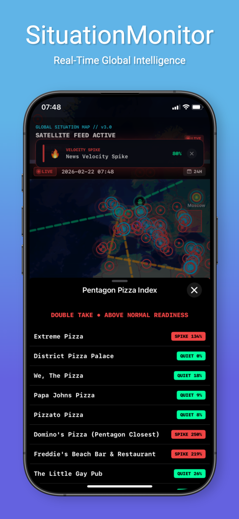 SituationMonitor - SituationMonitor app interface showing the Pentagon Pizza Index readiness level and a global tactical map.