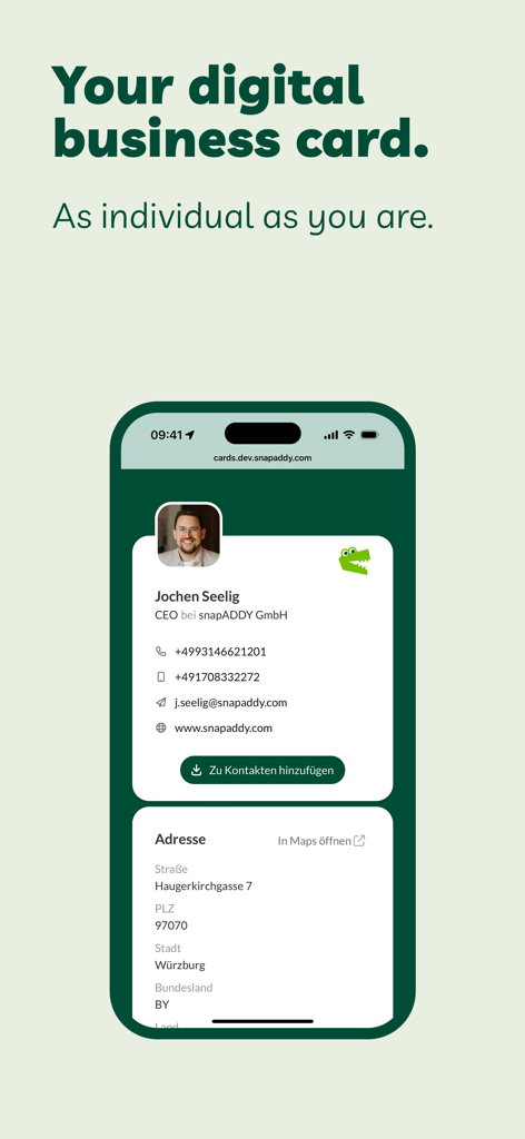 BusinessCards by snapAddy - A mobile screen showing a personalized digital business card for a professional including their name, photo, and contact details.