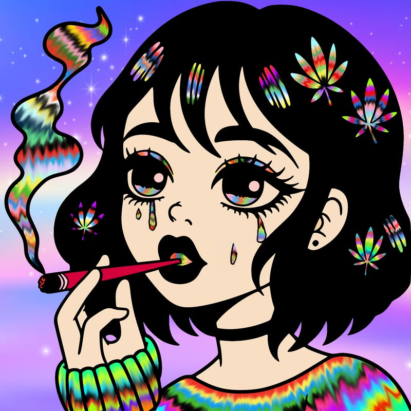 a girl with black hair and green eyes smoking a joint