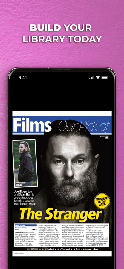 TV & Satellite Week Magazine - Smartphone displaying a digital film review article for 'The Stranger' in the TV & Satellite Week Magazine app