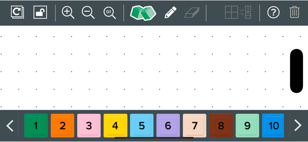 A digital workspace from the Math-U-See app showing color-coded numbered blocks on a grid background