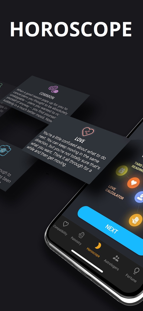 Interfaccia dell'app mobile che mostra letture dell'oroscopo zodiacale e dell'amore quotidiano con icone di navigazione per chiromanzia e tarocchi