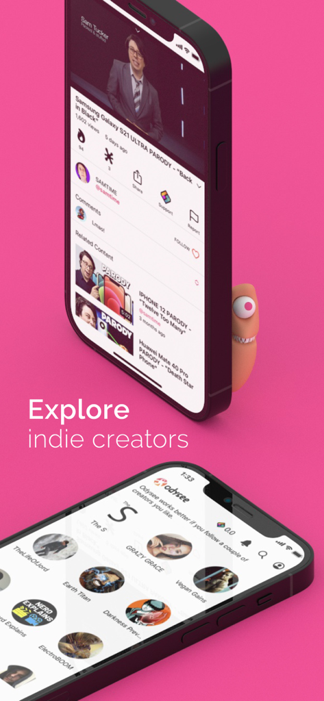 Odysee - Odysee app interface showing a video player and a discovery screen for indie creators