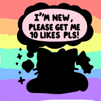 kitty taking a nap dream talking and saying "i'm new, please get me at least 10 likes pls!!"