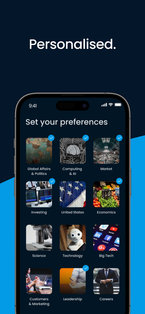 Uno schermo di smartphone che mostra l'interfaccia di selezione delle preferenze dell'app Noa con argomenti come affari globali, informatica ed economia