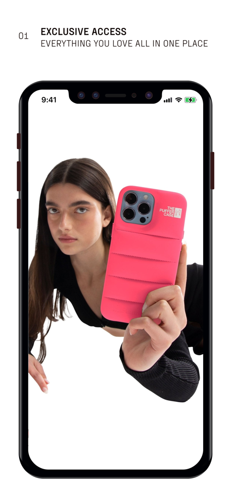 Urban Sophistication - A model holding a pink Puffer Case on the Urban Sophistication app exclusive access screen
