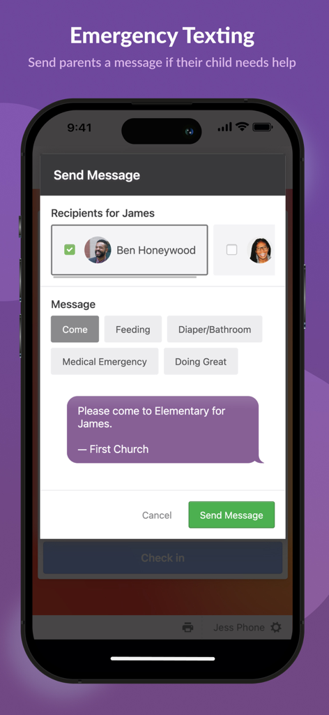 A mobile phone screen showing the Emergency Texting feature in the Planning Center Check-Ins app used for sending messages to parents during church services.