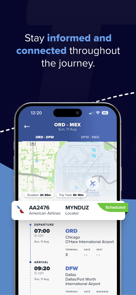 TripSource - Mobile screen of TripSource app showing a detailed flight itinerary from Chicago to Dallas.