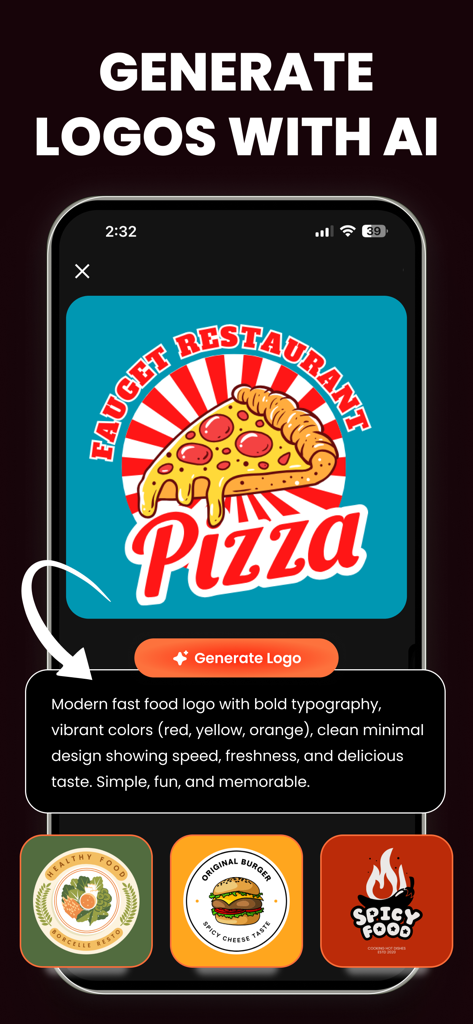 AI Logo Maker • Logo Generator - AIロゴメーカーアプリ。テキストプロンプトに基づいて生成されたピザレストランのロゴを表示しています。