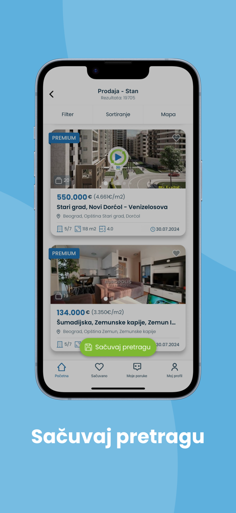 Un smartphone mostrando anuncios de bienes raíces en la aplicación Halo Oglasi con una función de búsqueda guardada.