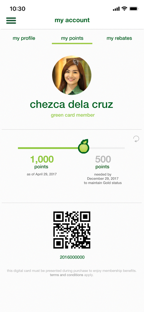 Healthy Options Philippines - A mobile app screen displaying Healthy Options Philippines membership points and a virtual QR code card.