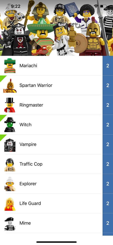 Minifig Collector - Mobile app interface showing a checklist of LEGO minifigures with quantity tracking