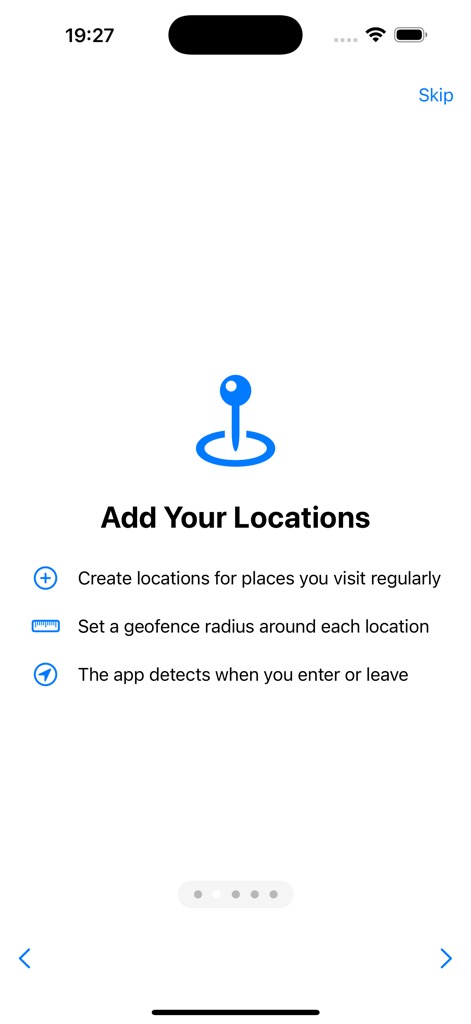 Time@Location - Pantalla de incorporación para la aplicación Time at Location que explica cómo añadir ubicaciones de trabajo y establecer radios de geovalla para el seguimiento automático.