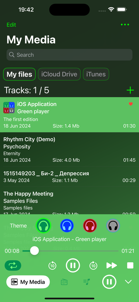 Green Player - Green Player app interface showing the My Media section with a list of audio tracks and playback controls