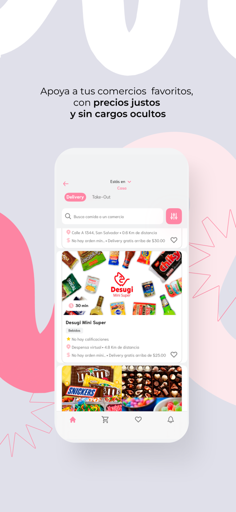 Mobile screenshot of hifumi app showing local food and market delivery options in Spanish