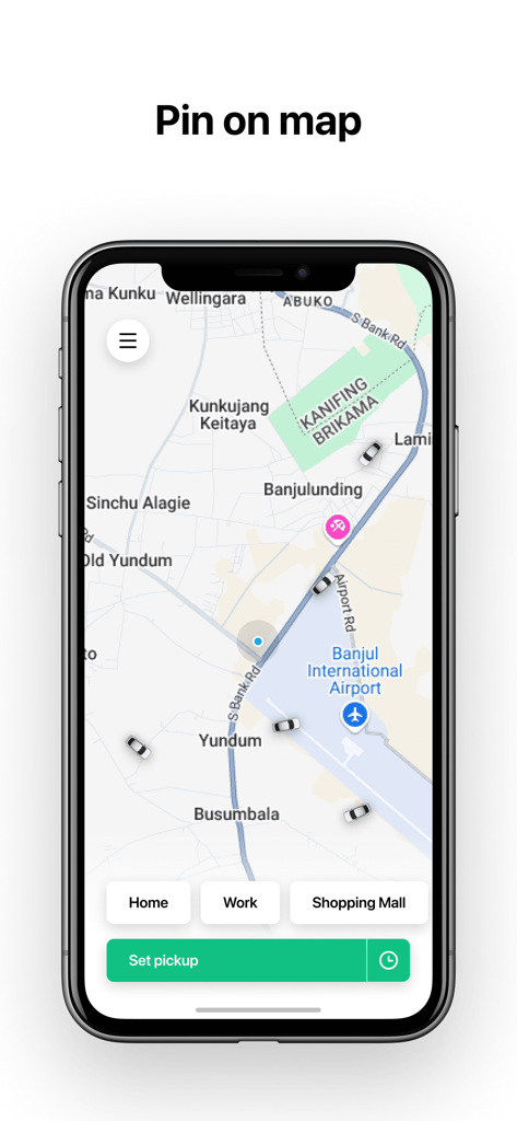 Gamride Pro: Gambia Taxi - Mapa de la aplicación Gamride Pro que muestra ubicaciones de taxis cerca del Aeropuerto Internacional de Banjul con un botón de recogida establecido.