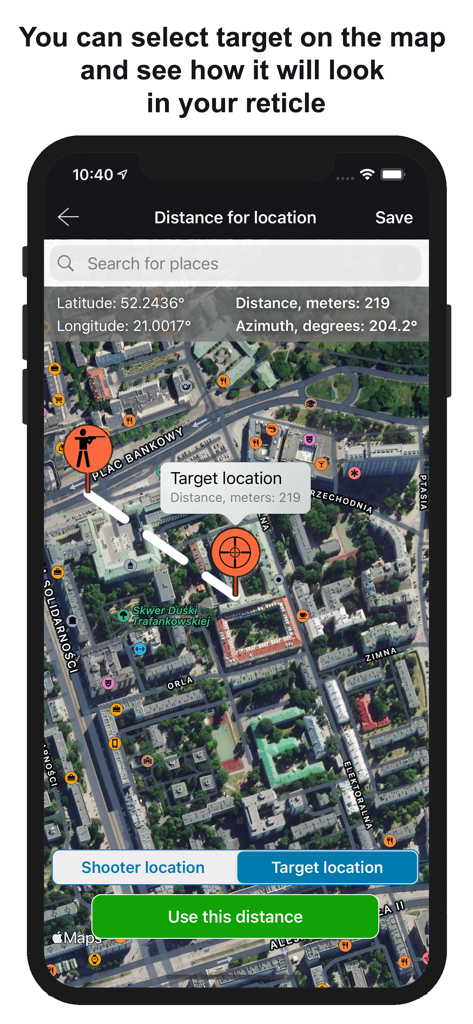 Stadiametric Rangefinder - Satellite map view showing distance and azimuth between shooter and target for precision rangefinding