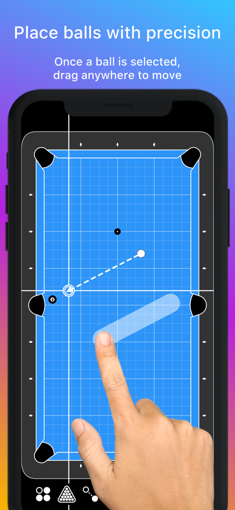 A hand dragging a pool ball on a digital grid table to diagram a billiards shot in the Cue Lab app
