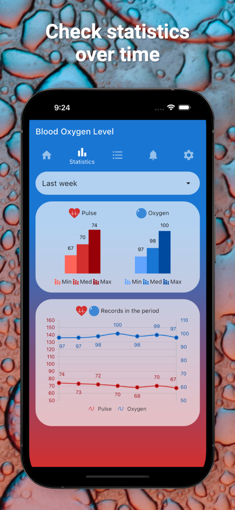 Smartphone screen showing bar and line charts for pulse and oxygen levels in the Blood Oxygen Level app