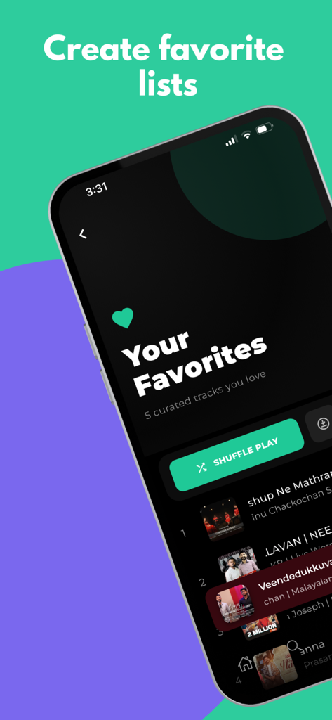 GloryfyMusic: Praise & Worship - Pantalla móvil de la aplicación GloryfyMusic que muestra una lista de reproducción curada de favoritos para alabanza y adoración.