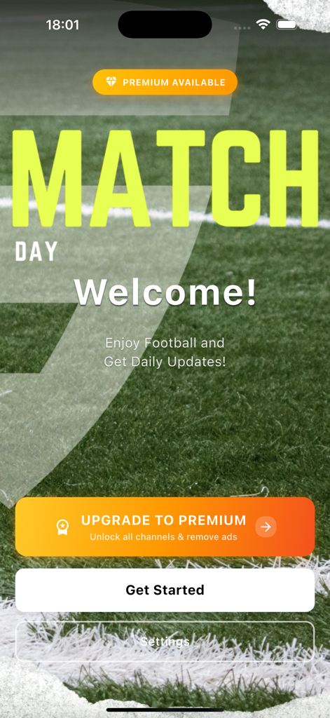 Welcome screen for the Yacine Tv Score Player app featuring a football field background and a get started button