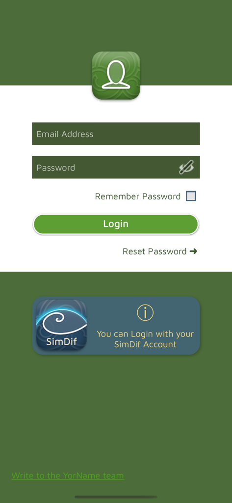 Login-Bildschirm der YorName-App mit E-Mail- und Passwortfeldern und der Option zur Anmeldung mit einem SimDif-Konto.