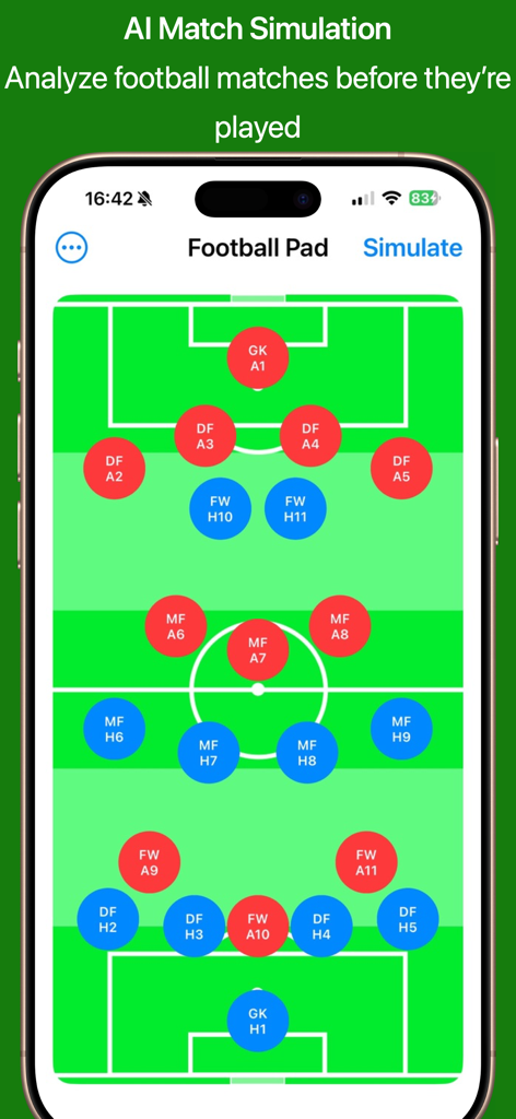 Football Pad app interface displaying a tactical football field with team formations for AI match simulation