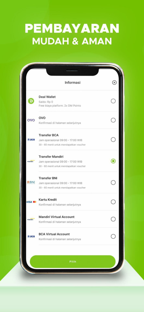 DealJava - DealJava mobile app secure payment selection screen showing various checkout options.