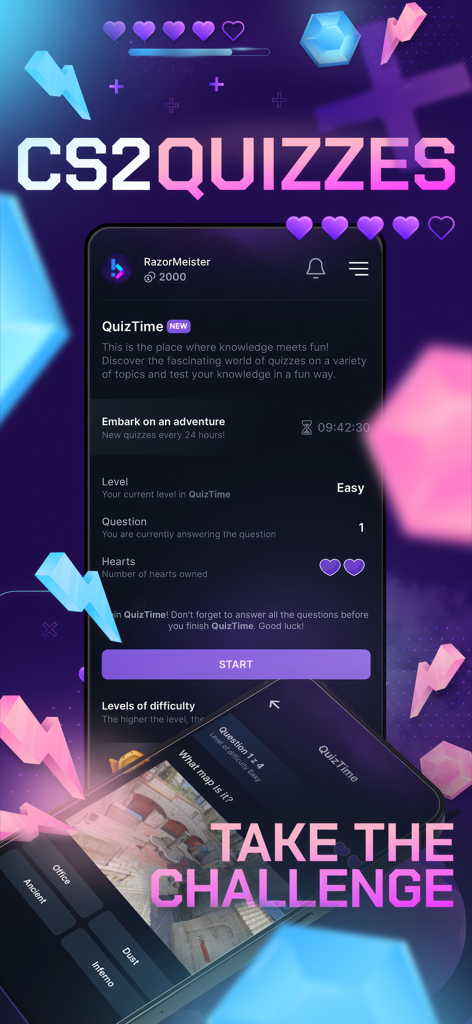 BWGG-CS2: Skins for CS2 - Interface de l'application BWGG-CS2 montrant la section des quiz CS2 où les utilisateurs peuvent relever des défis pour gagner des points