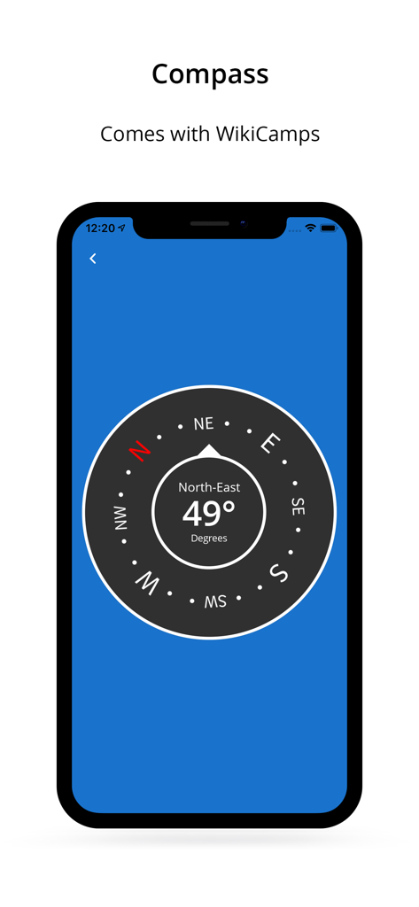 WikiCamps UK - A digital compass tool within the WikiCamps UK app showing 49 degrees North-East