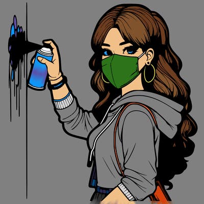 realistic girl with mask spray painting a wall