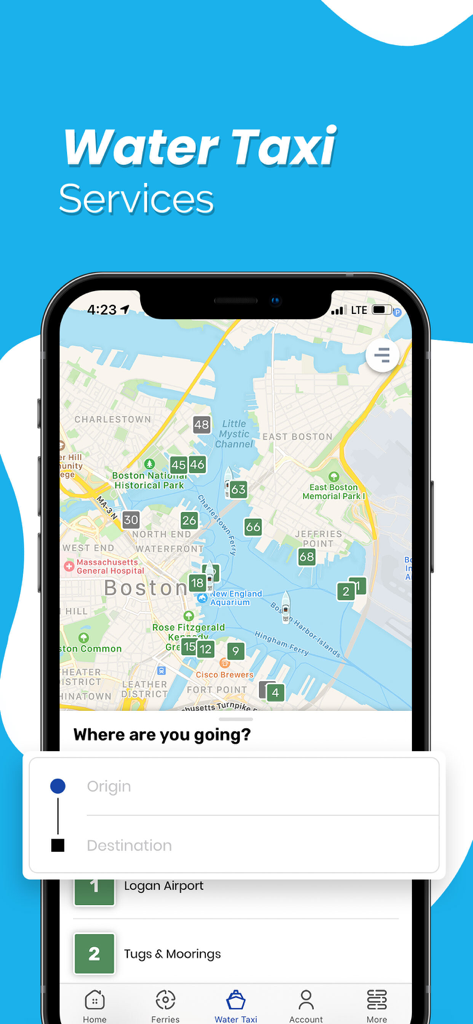 City Experiences - Smartphone screen of the City Experiences app showing water taxi services in Boston