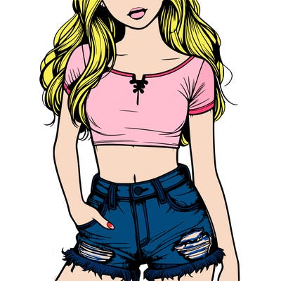 realistic girl with a crop top and ripped jean shorts