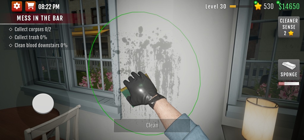 Crime Scene Cleaner: Mobile 3D - A first person view of a player cleaning a wall with a sponge in the Crime Scene Cleaner Mobile 3D game