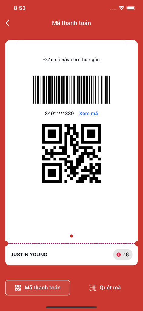 RedPlus - RedPlusアプリのロイヤルティ支払い画面。レストラン特典用のバーコードとQRコードが表示されています。
